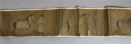 A Chinese hand scroll painting on silk of five of the horses of Mu Wang, image 28 x 263cm